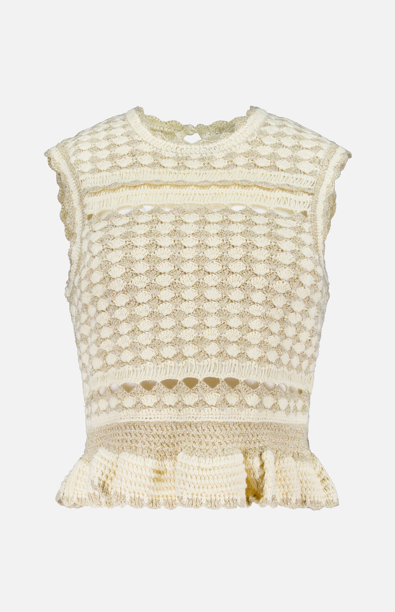 The ZIMMERMANN Wanderlust Crochet Tank Top is a sleeveless, cream top featuring intricate crochet patterns, a round neckline, scalloped edges, and a ruffled peplum hem.