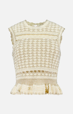 The ZIMMERMANN Wanderlust Crochet Tank Top is a sleeveless, cream top featuring intricate crochet patterns, a round neckline, scalloped edges, and a ruffled peplum hem.