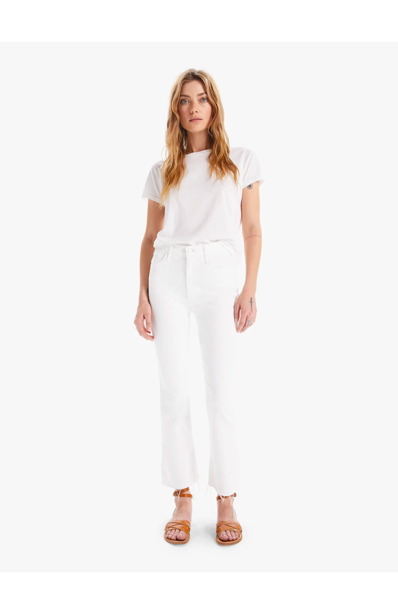Mother The Hustler Ankle Fray Jeans White Front Model Image (6856365604979)