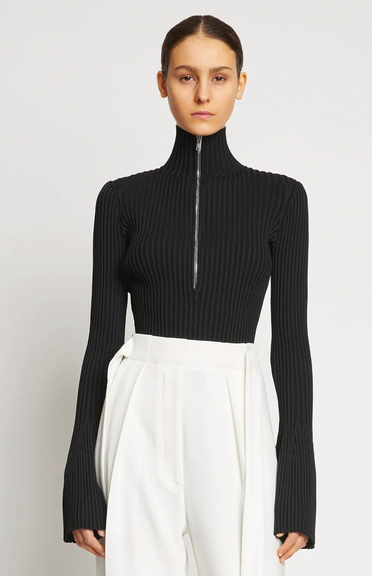 Proenza Viscose Rib Zip Sweater Black Front Model Image 2 (6933091156083)