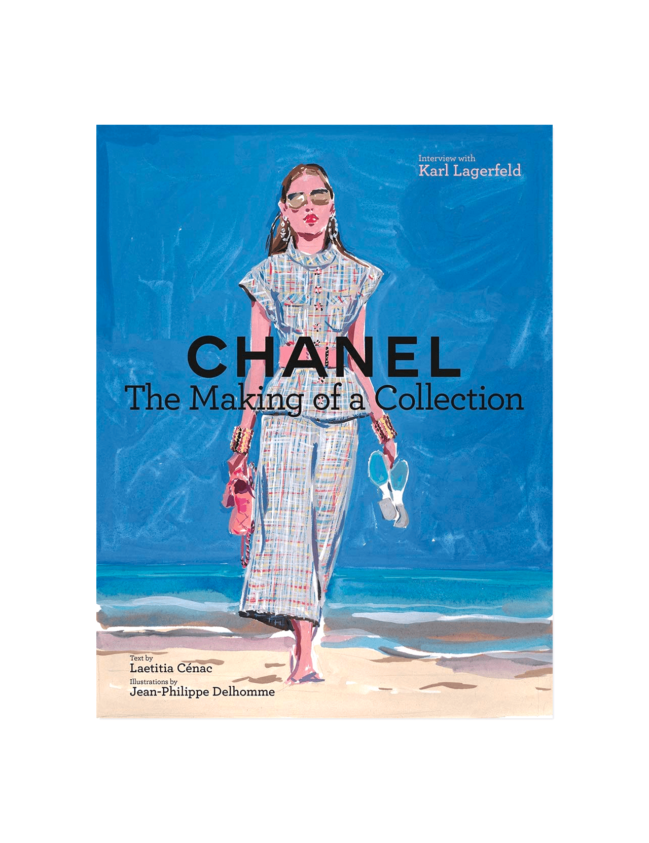 Book cover of Chanel: The Making of a Collection by ABRAMS PUBLISHING, an illustrated book featuring a woman in a plaid dress holding shoes on the beach—offering insight into Chanel’s design process and haute couture world.