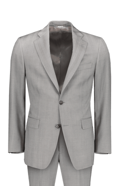 The ATELIER MUNRO Solaro Herringbone Suit, in light grey wool with notched lapels and flap pockets, features an open two-button jacket displayed on a white background, showing matching trousers beneath.