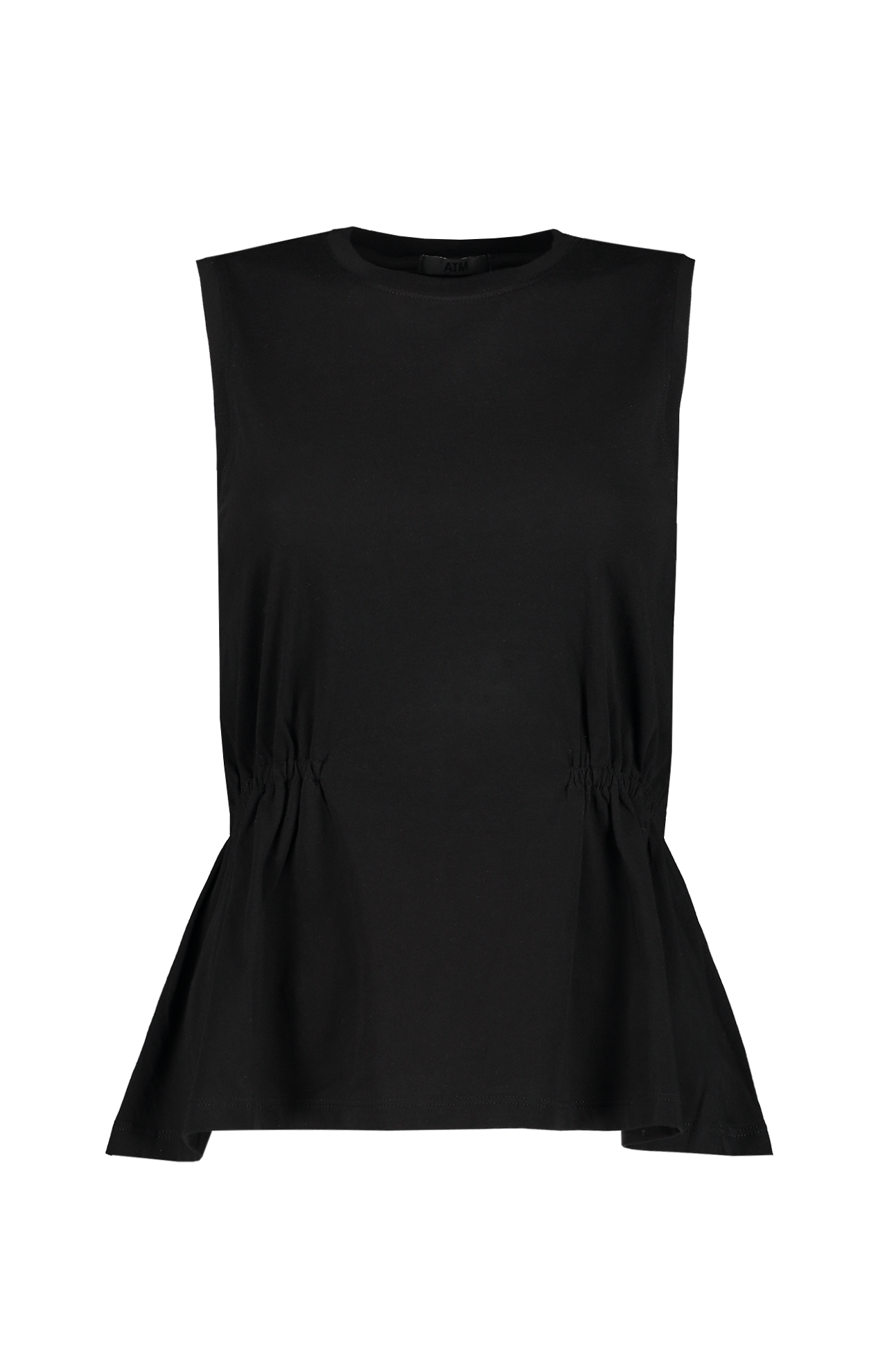 ATM Classic Jersey Sleeveless Cinched Waist Top Black Front Mannequin Image (6990469562483)