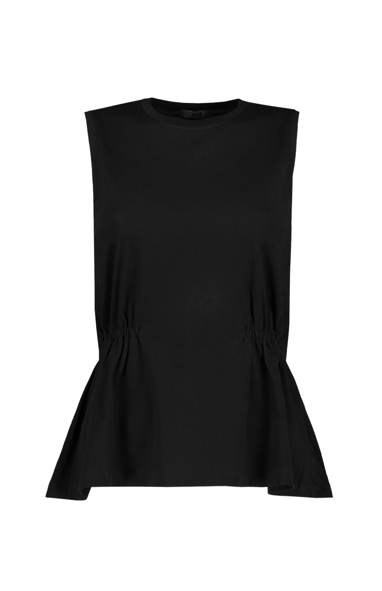 ATM Classic Jersey Sleeveless Cinched Waist Top Black Front Mannequin Image (6990469562483)