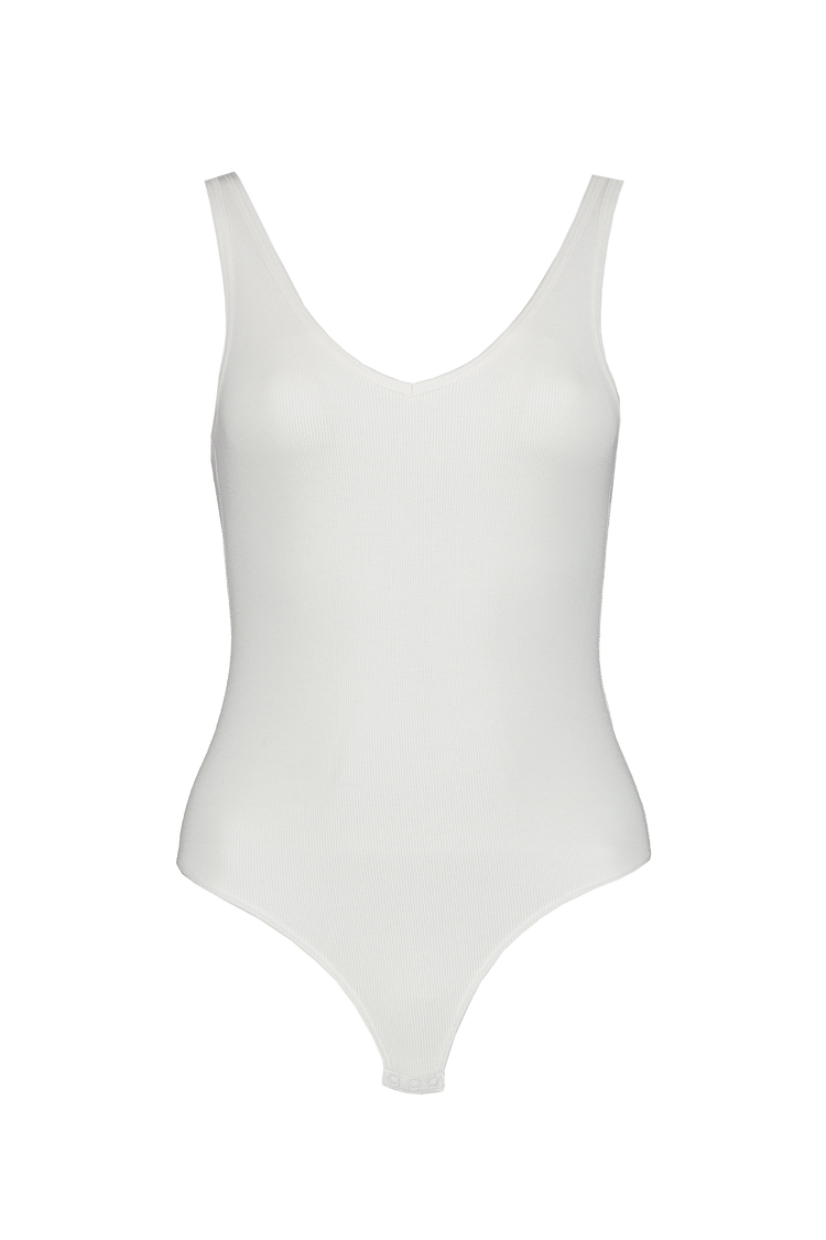 ATM V-Neck Tank Bodysuit White Front Mannequin Image (6706401280115)