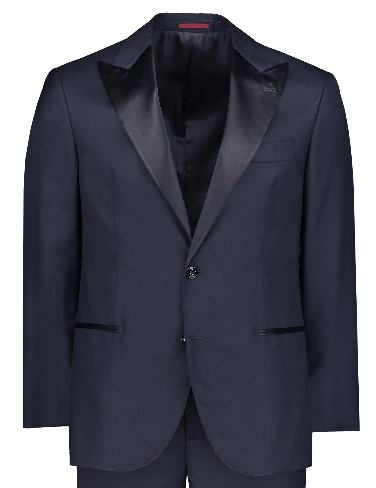 The BRUNELLO CUCINELLI Wool Peak Tuxedo features dark navy wool, satin peaked lapels, a single-breasted two-button closure, and matching trousers—an elegant men’s formalwear classic displayed on a plain white background.