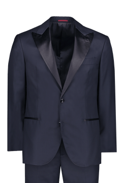 The BRUNELLO CUCINELLI Wool Peak Tuxedo features dark navy wool, satin peaked lapels, a single-breasted two-button closure, and matching trousers—an elegant men’s formalwear classic displayed on a plain white background.