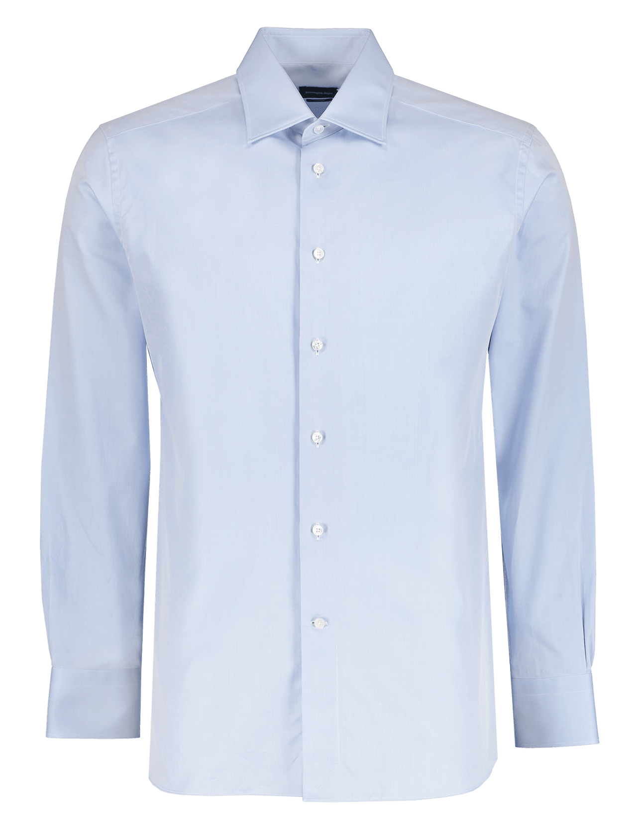 The ZEGNA Long Sleeve Woven Solid dress shirt features a light blue, button-up design with a classic collar and silky-smooth fabric, displayed on a plain white background.