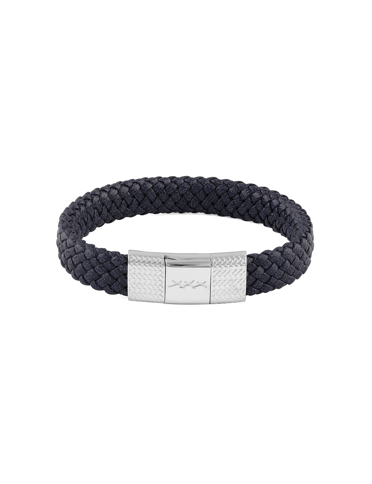 The ZEGNA Pelletessuta Bracelet features dark woven leather and a textured, engraved silver clasp, showcased on a plain white background.
