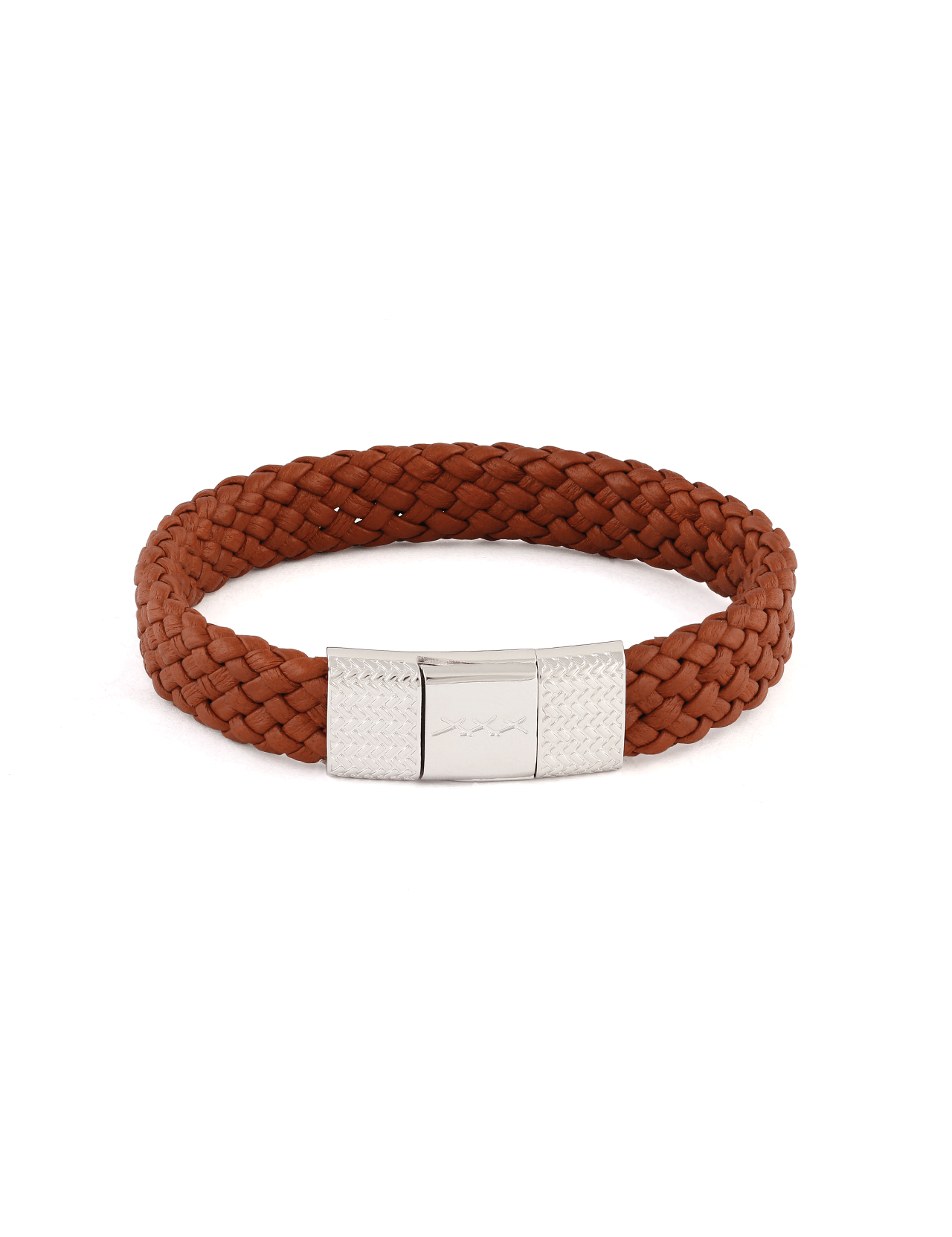 The ZEGNA Pelletessuta Bracelet, featuring woven brown leather and a sleek silver rectangular clasp, is displayed on a white background and radiates timeless luxury.