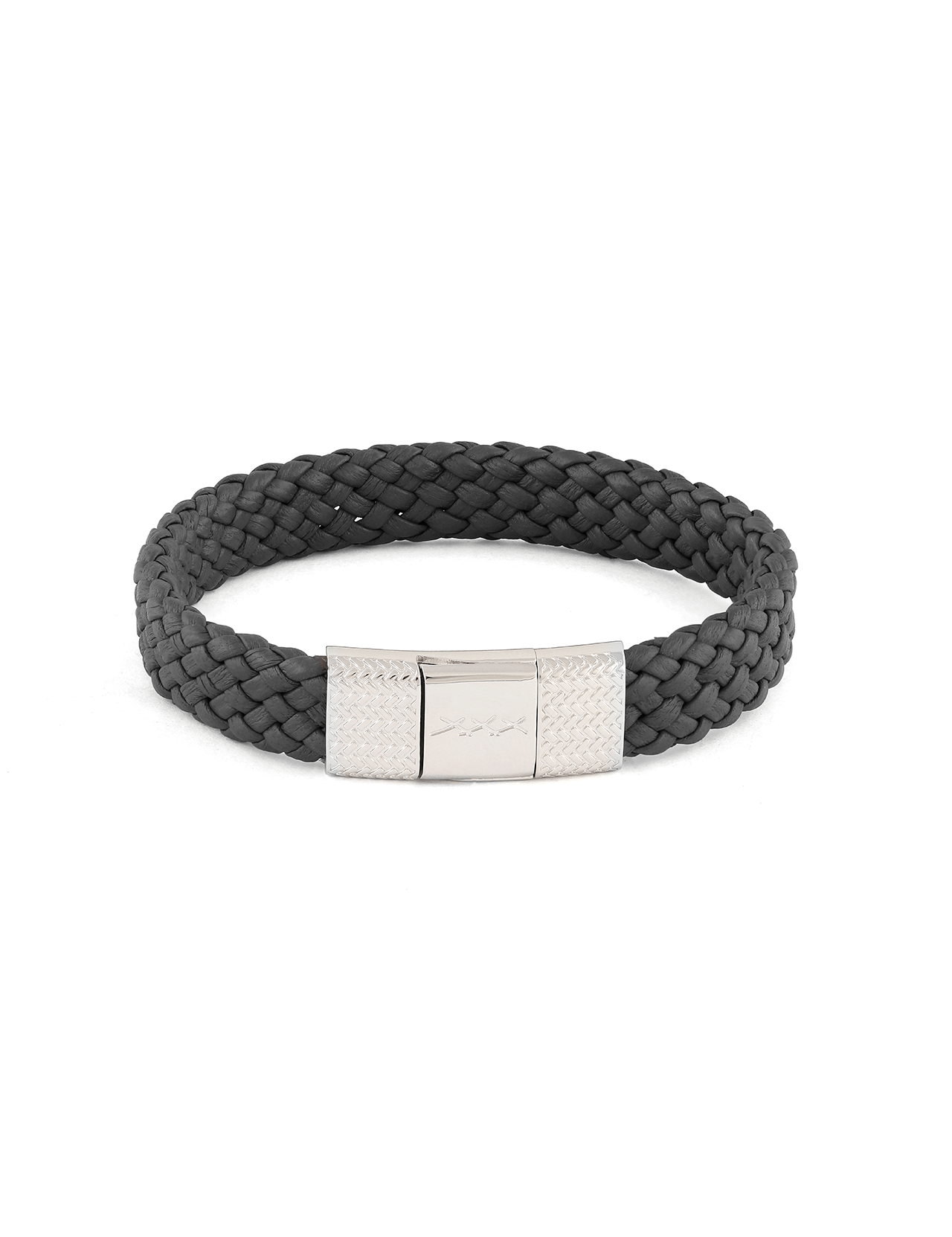 The ZEGNA Pelletessuta Bracelet features luxury black woven leather and a rectangular silver clasp, showcased on a white background—an elegant accessory inspired by Maserati sophistication.