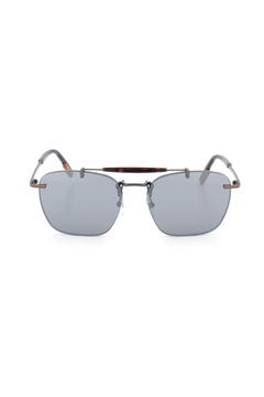 Front view of ZEGNA Semi-Shiny Gunmetal Sunglasses featuring rectangular, rimless frames, thin metal temples, gray-tinted lenses with 100% UV protection, and adjustable nose pads.