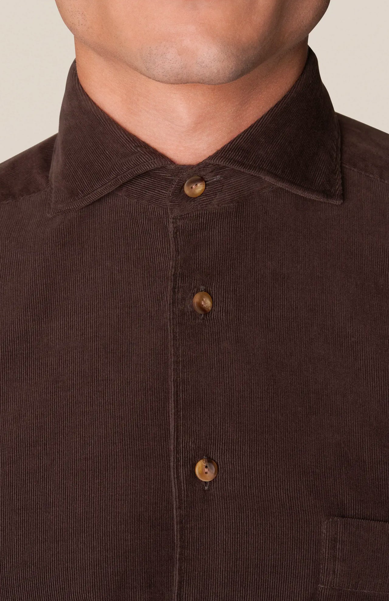 Eton Babycord Shirt Dark Brown Close Up Model Image (6919758250099)