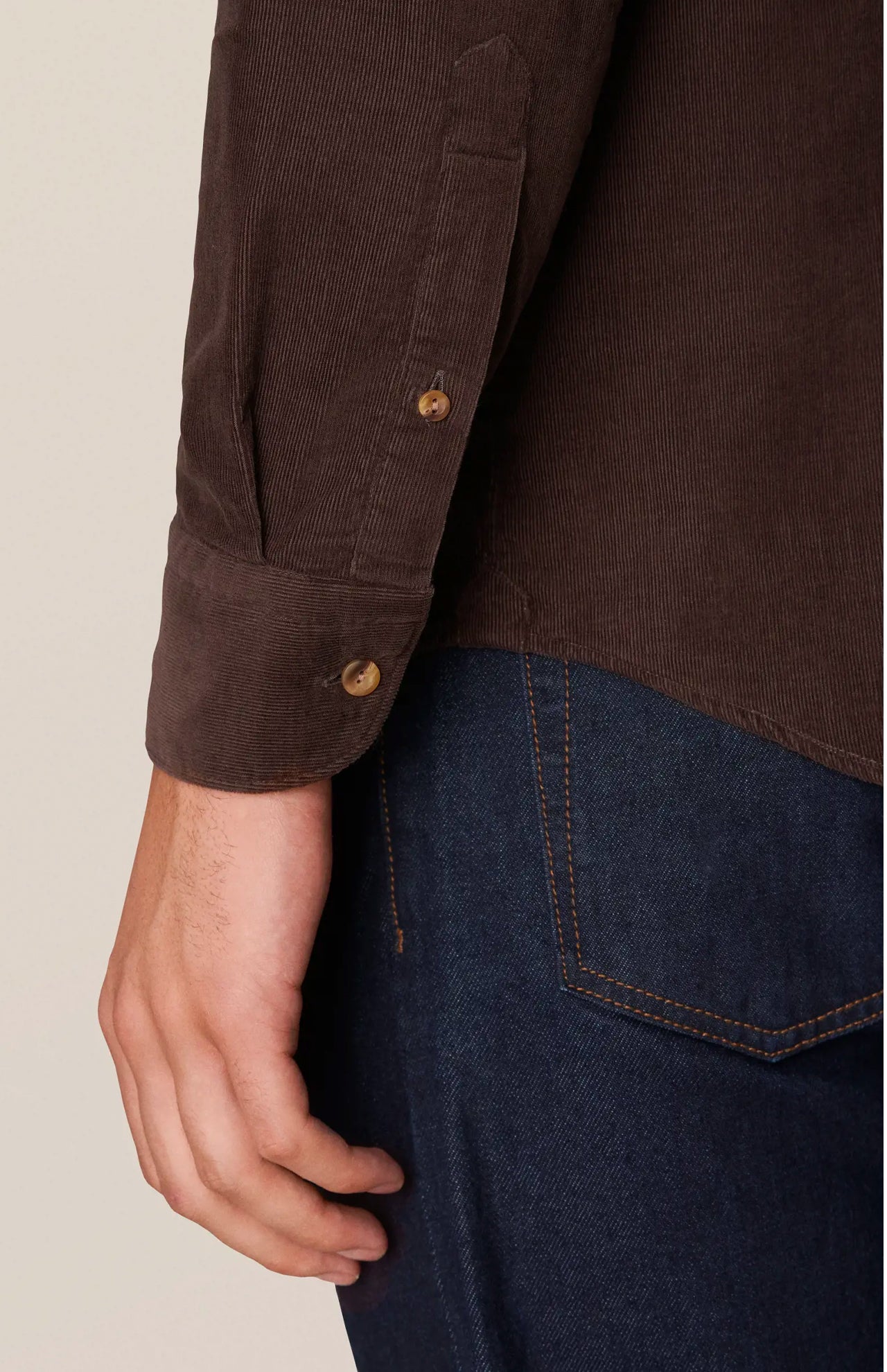 Eton Babycord Shirt Dark Brown Wrist Detail Image (6919758250099)