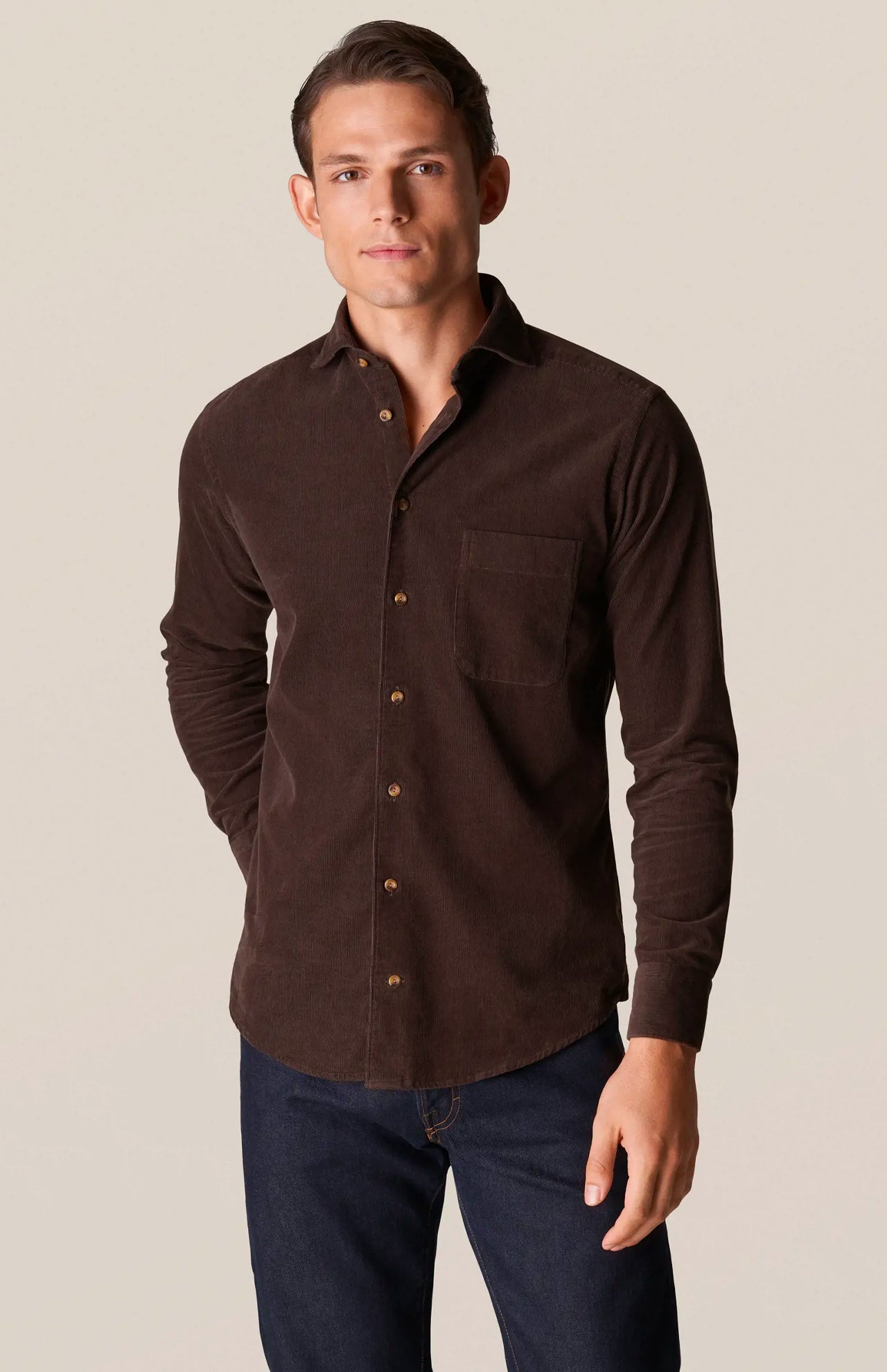 Eton Babycord Shirt Dark Brown Front Model Image (6919758250099)