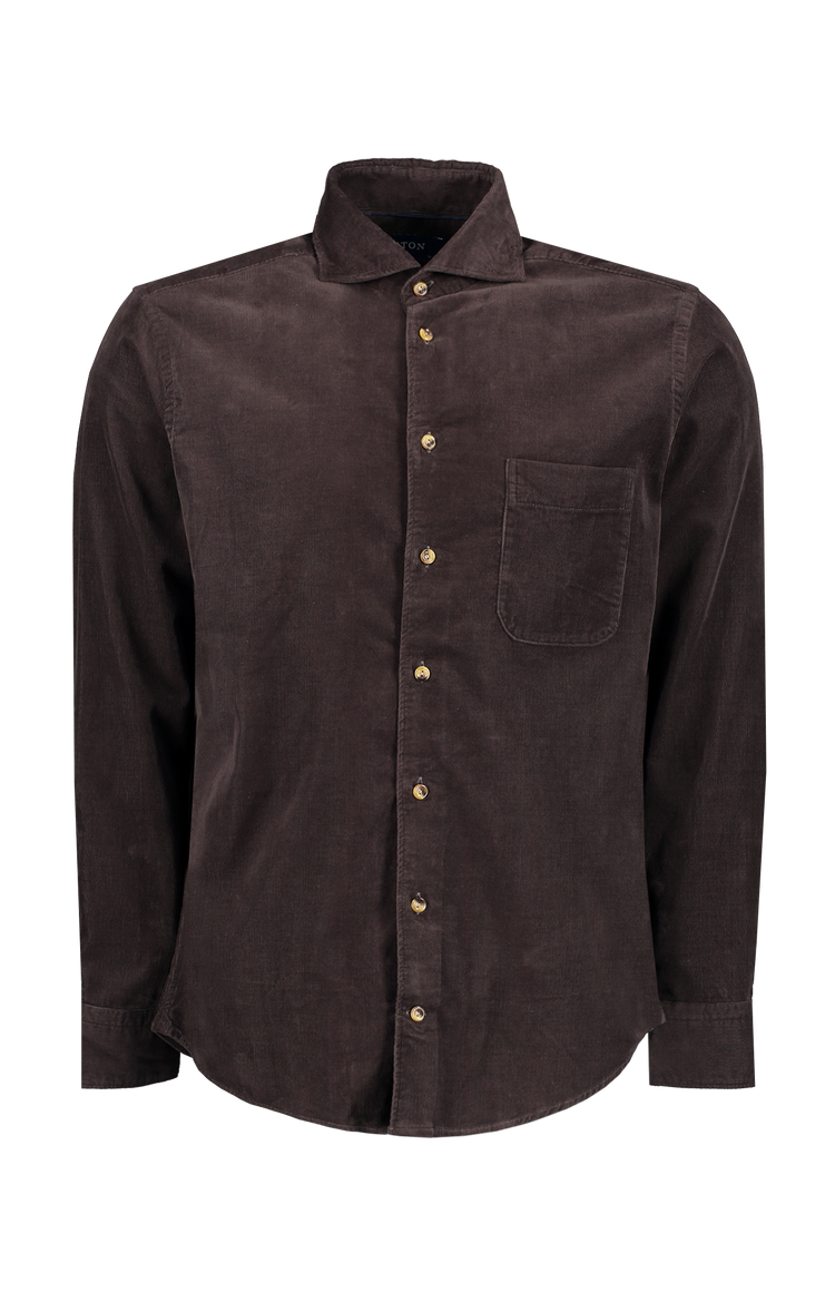 Eton Babycord Shirt Dark Brown Front Mannequin Image (6919758250099)