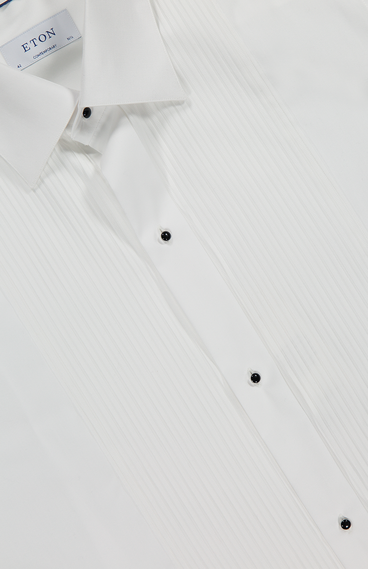 Eton Bibbed Tuxedo Shirt in White with Contrast Buttons - Collar Detail Image (4441564741747)
