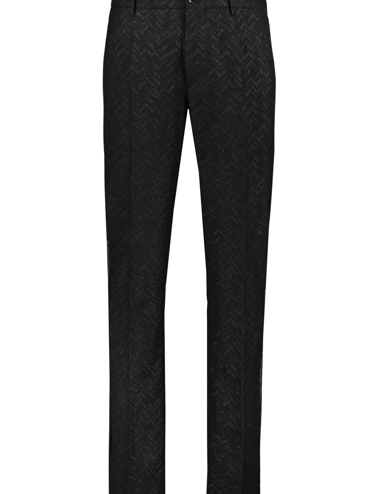 The ETRO Semi Traditional Trouser features a black jacquard fabric with a subtle chevron pattern, straight-leg fit, front crease, belt loops, button waist, and refined satin side band, shown on a plain white background.