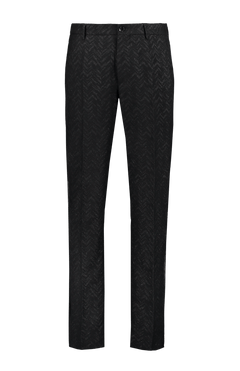 The ETRO Semi Traditional Trouser features a black jacquard fabric with a subtle chevron pattern, straight-leg fit, front crease, belt loops, button waist, and refined satin side band, shown on a plain white background.