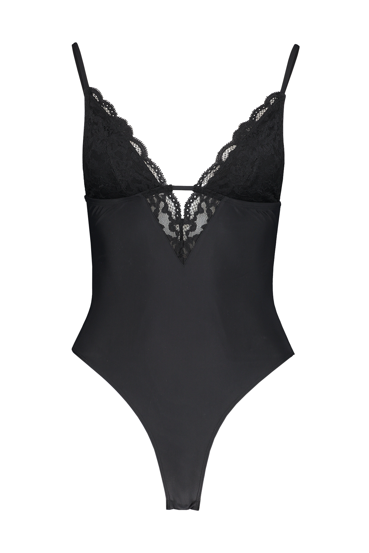 Fleur Du Mal Charlotte Lace V-Neck Bodysuit Black Front Mannequin Image (4650308337779)