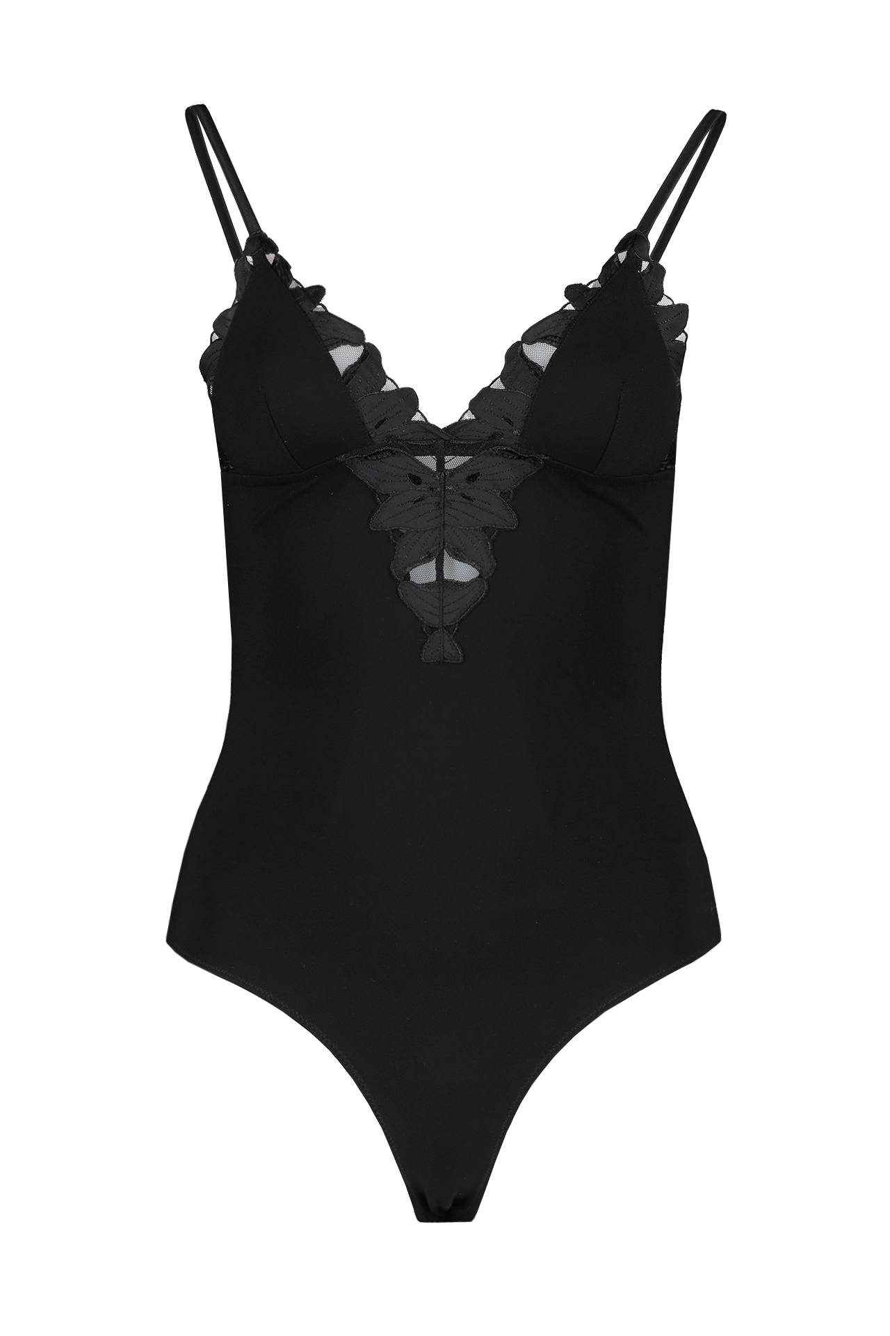 Fleur Du Mal Lily Lace V-Neck Bodysuit Black Front Mannequin Image (6614098935923)