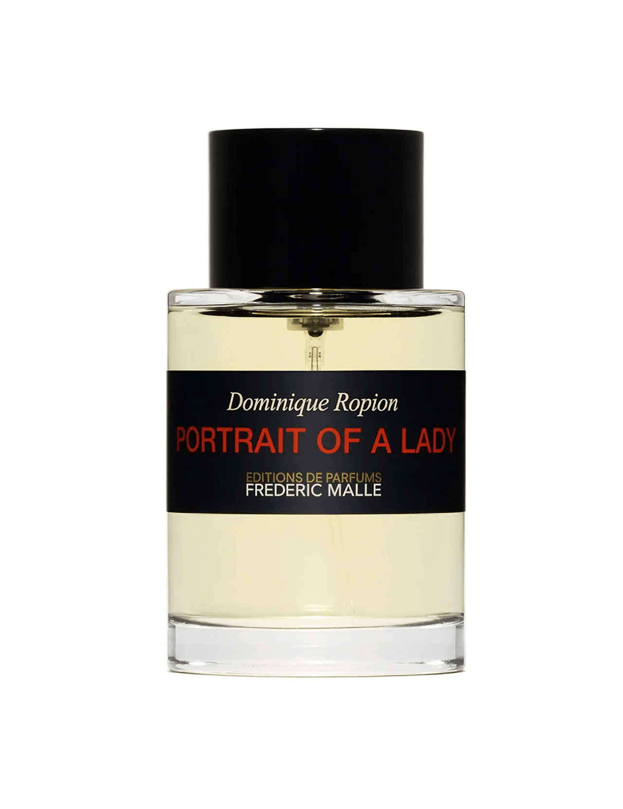 A clear glass 100ml perfume bottle by FREDERIC MALLE, with a black cap and “Portrait Of A Lady Parfum” label in black and red, contains a modern scent blending patchouli and sandalwood.