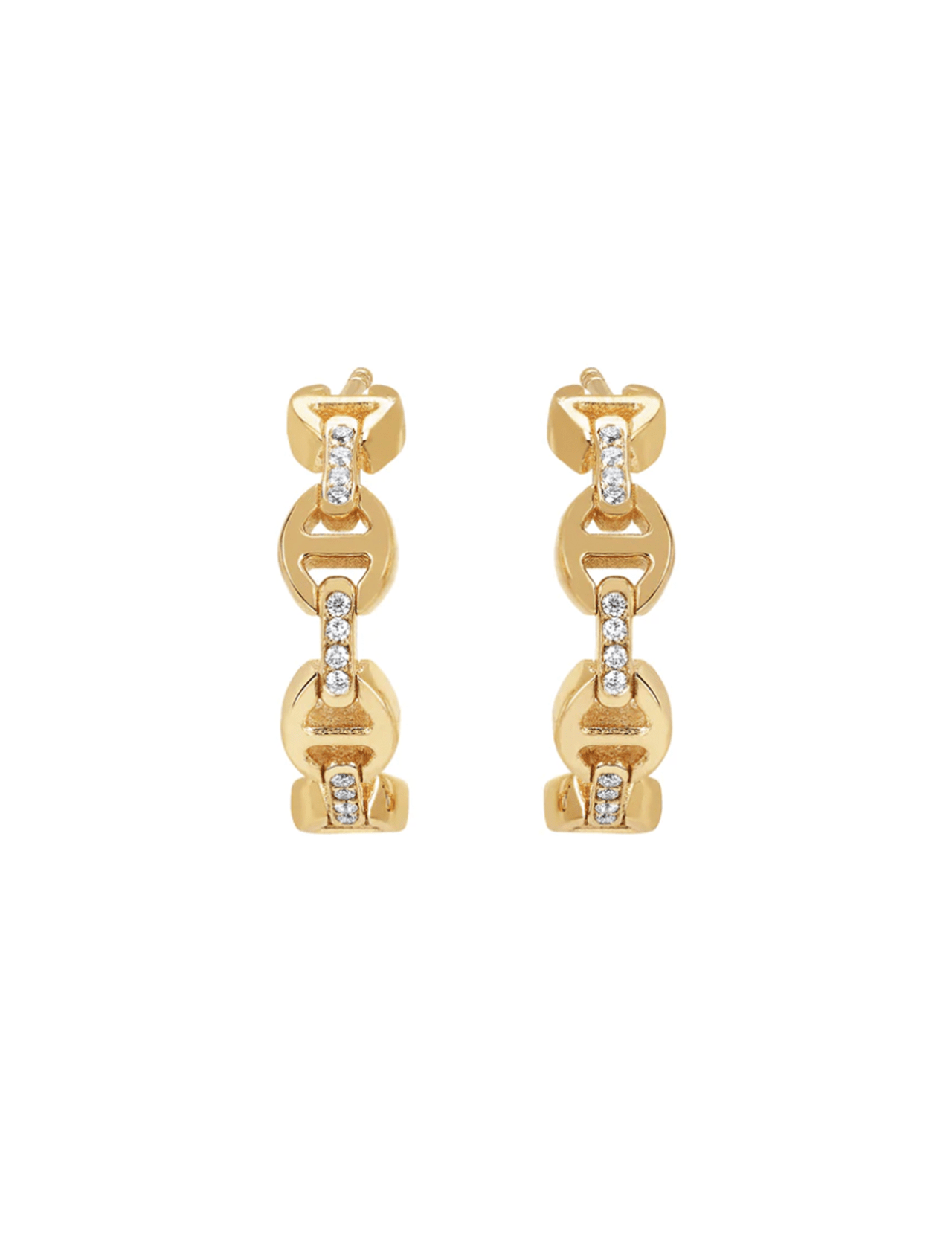 The HOORSENBUHS Micro Crescent Earrings Diamond Bridges feature chain-link gold hoops with crystal-set links for subtle diamond accents, shown on a white background—a stylish, unisex jewelry choice.