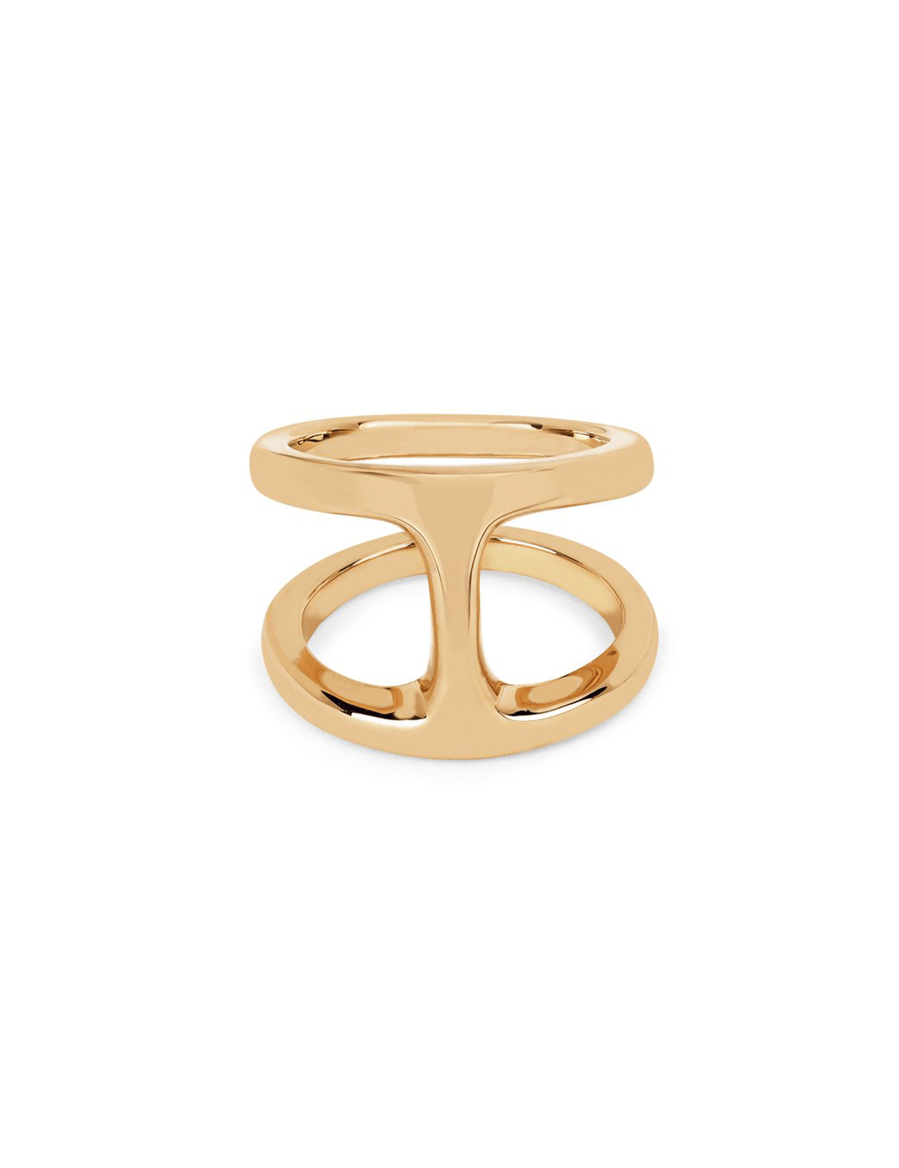 The Dame Phantom Ring by HOORSENBUHS is a modern gold piece with two parallel bands joined by a T-shaped bridge—an elevated, unisex geometric design.
