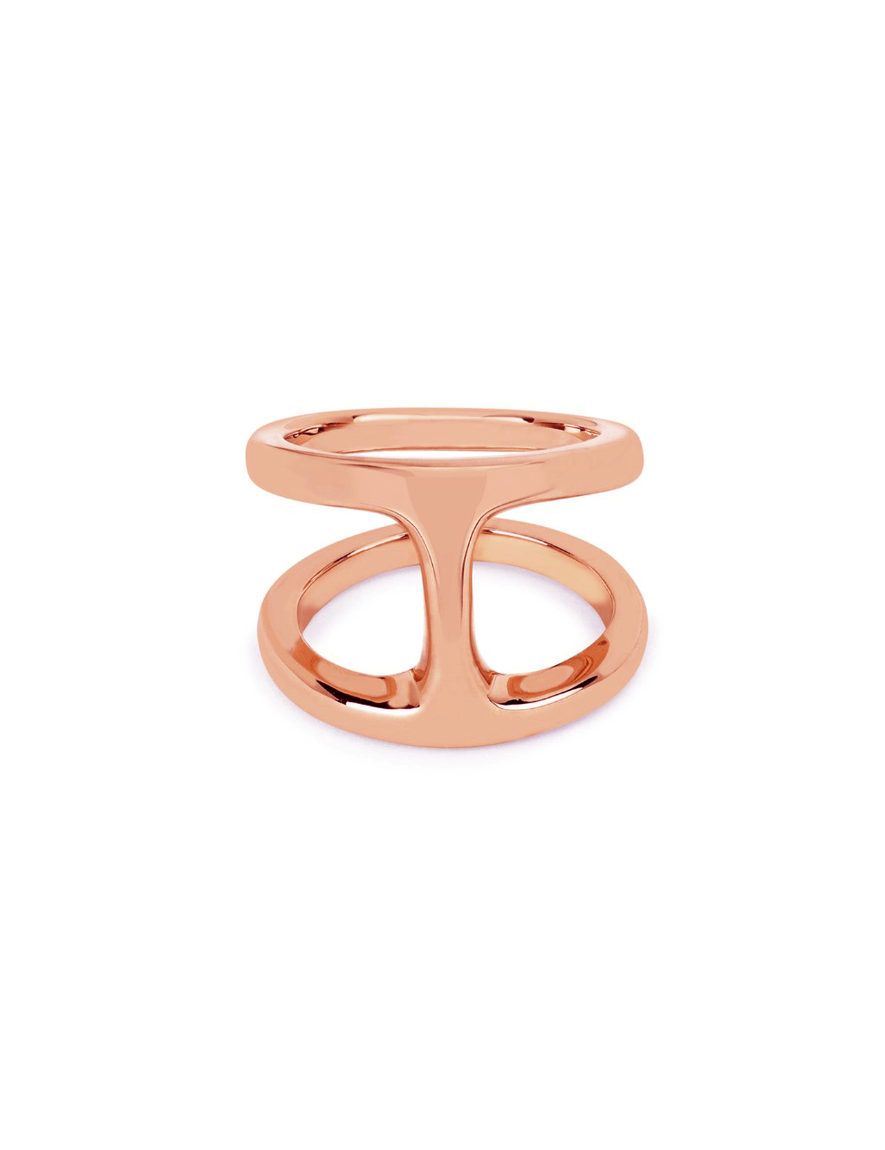 The Dame Phantom Ring by HOORSENBUHS features two rose gold bands joined by a central vertical bar, creating a modern open geometric design that’s perfect as minimalist unisex jewelry.