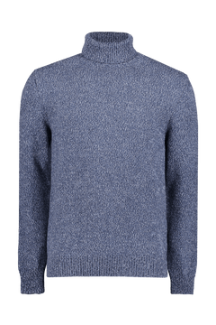 The ISAIA Blue Cash Multi Color Turtle, a men's blue cashmere turtleneck sweater with long sleeves and ribbed cuffs, hem, and neckline, is shown against a white background.