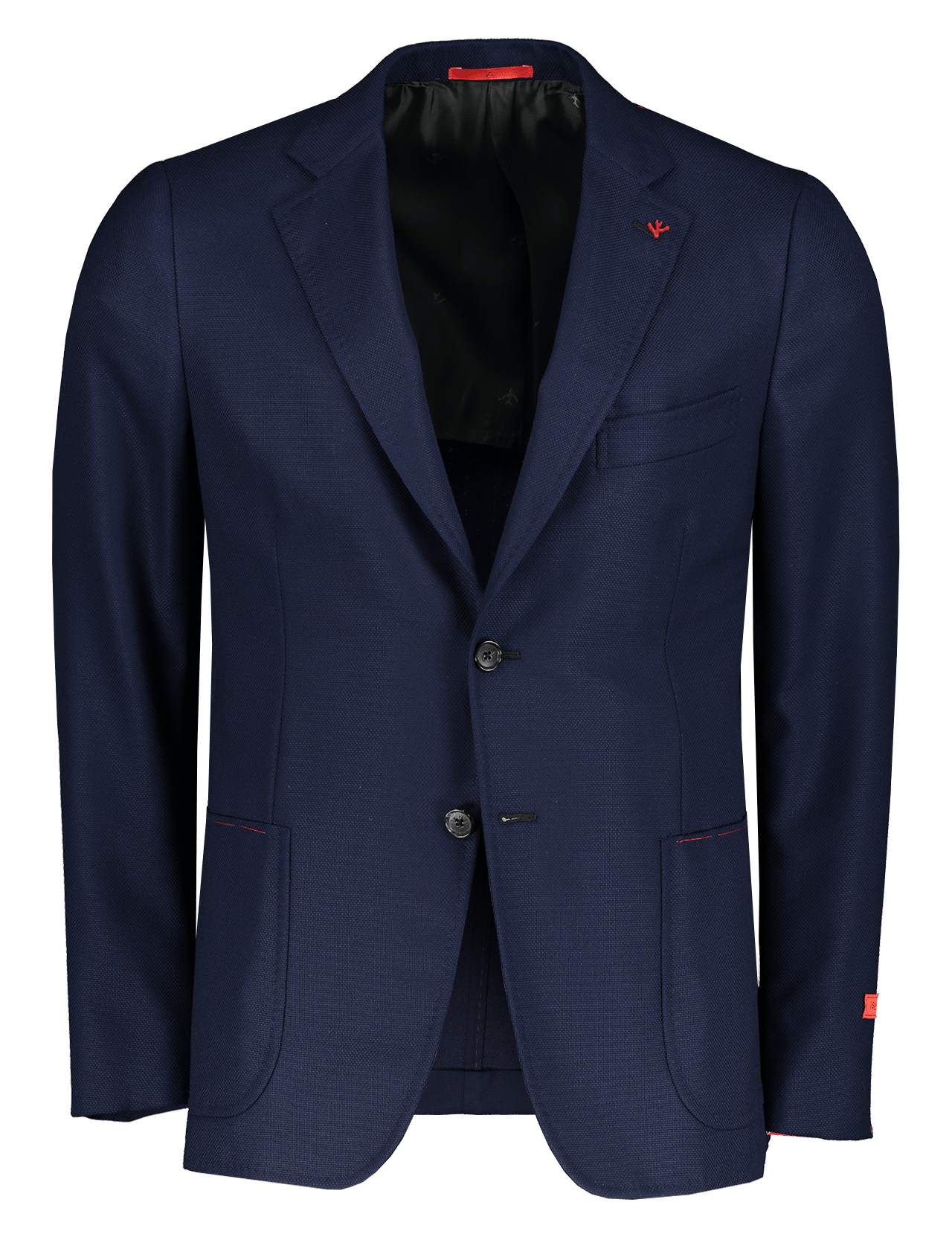 The ISAIA Cortina Sportcoat is a men's navy blazer with notch lapels, two front buttons, a chest pocket, two side pockets, subtle red stitching accents, and a black inner lining.