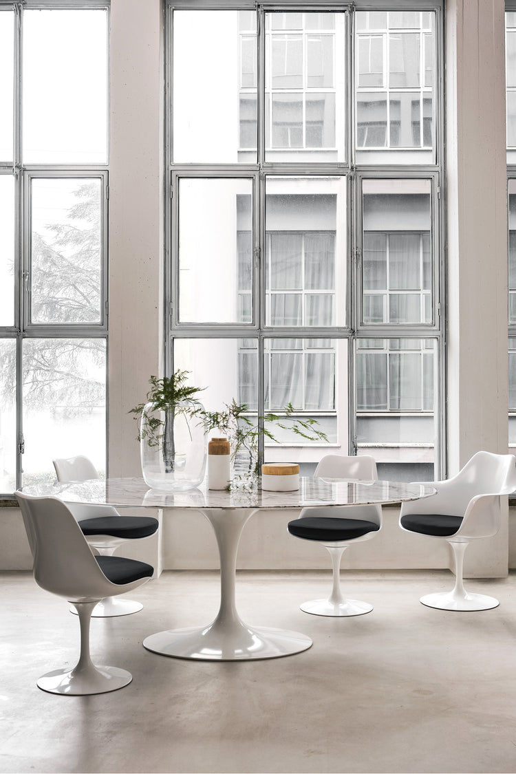 Herman Miller Saarinen Dining Table 78" Oval with White Base and Marble Top Lifestyle Image (6605647970419)