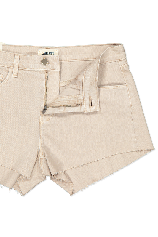Lagence Audrey Mid-Rise Short Tan Fly Detail Image (6605789659251)