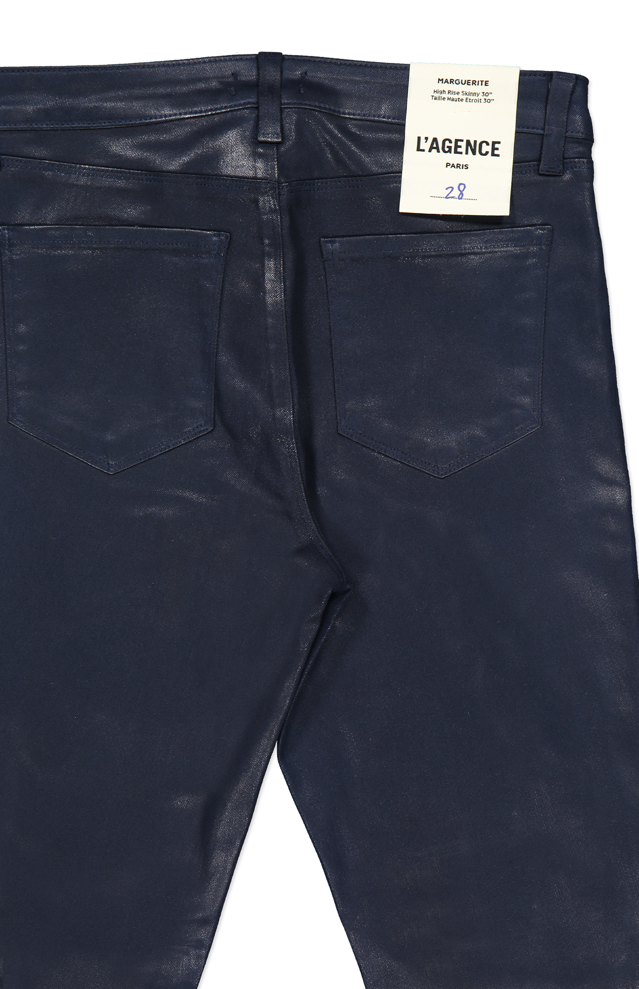 Lagence Marguerite High Rise Skinny Coated Blue Back Pocket Detail Image (6717055041651)