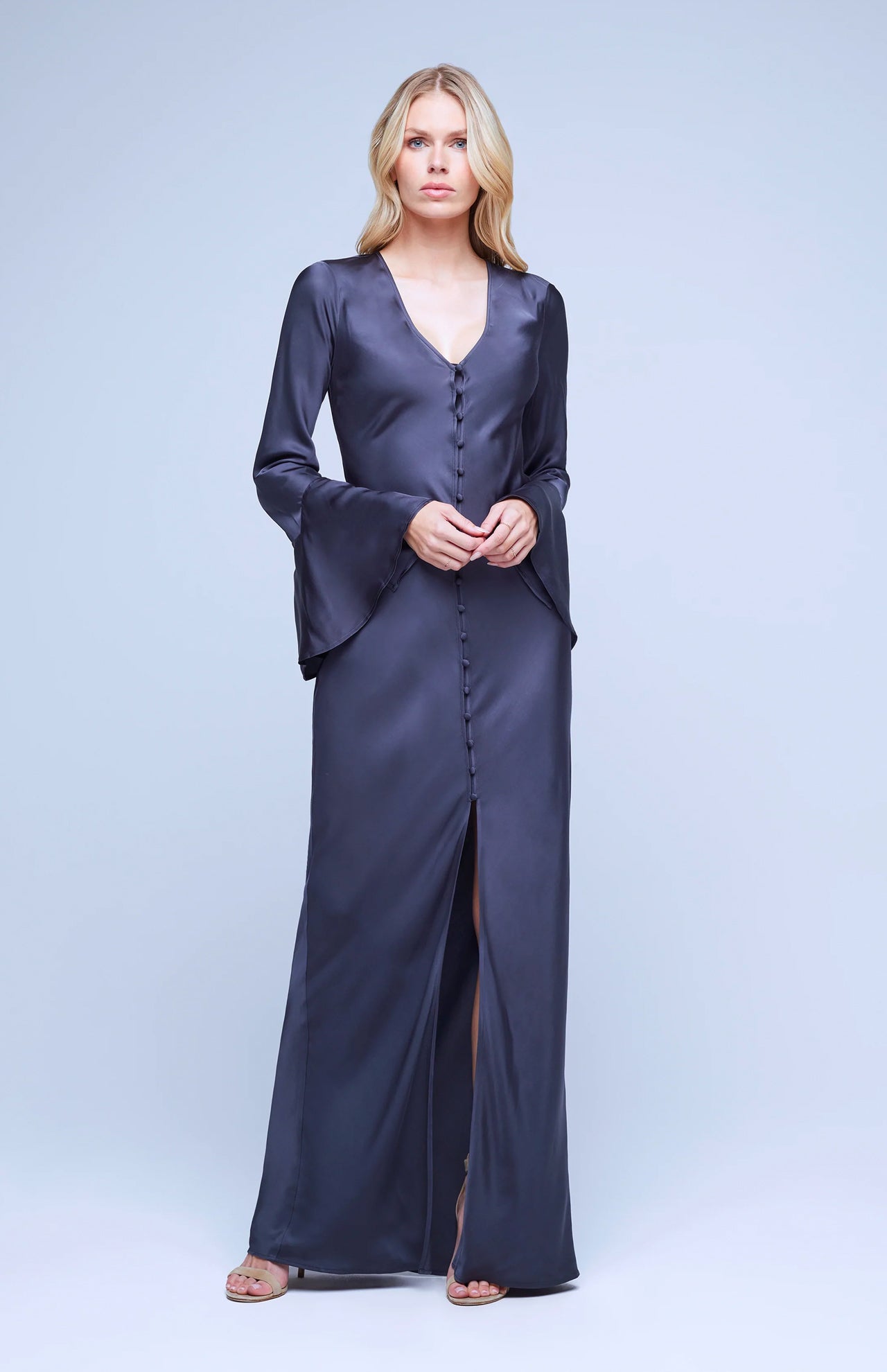 Leg Avenue Women's Stretch Lace Deep-V Bell Sleeve Long Dress