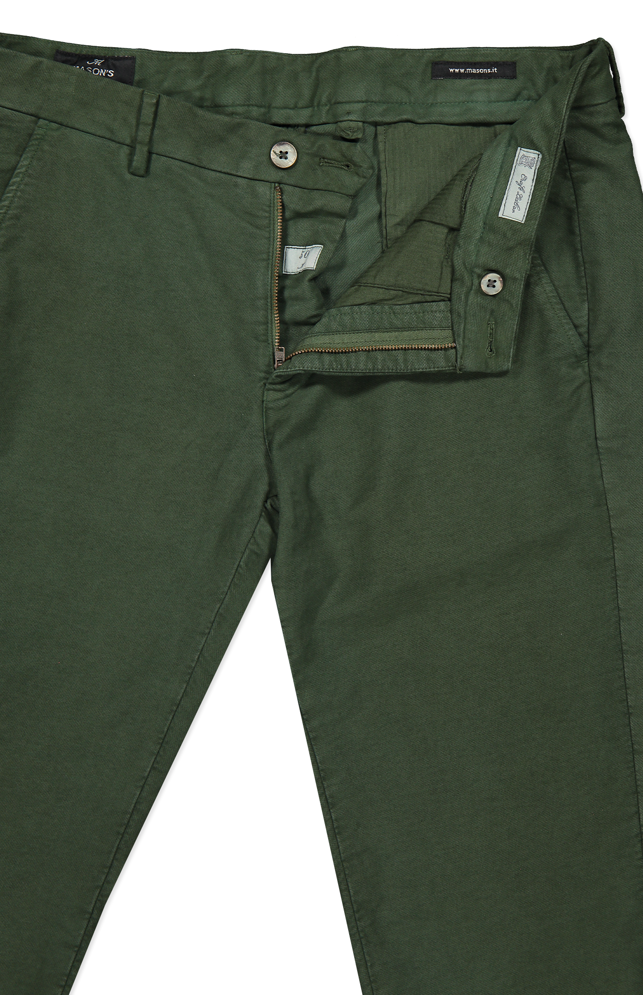 Mason's Torino Style Moleskin Chino Pant in Pine Zip Fly Detail Image  (6955219976307)