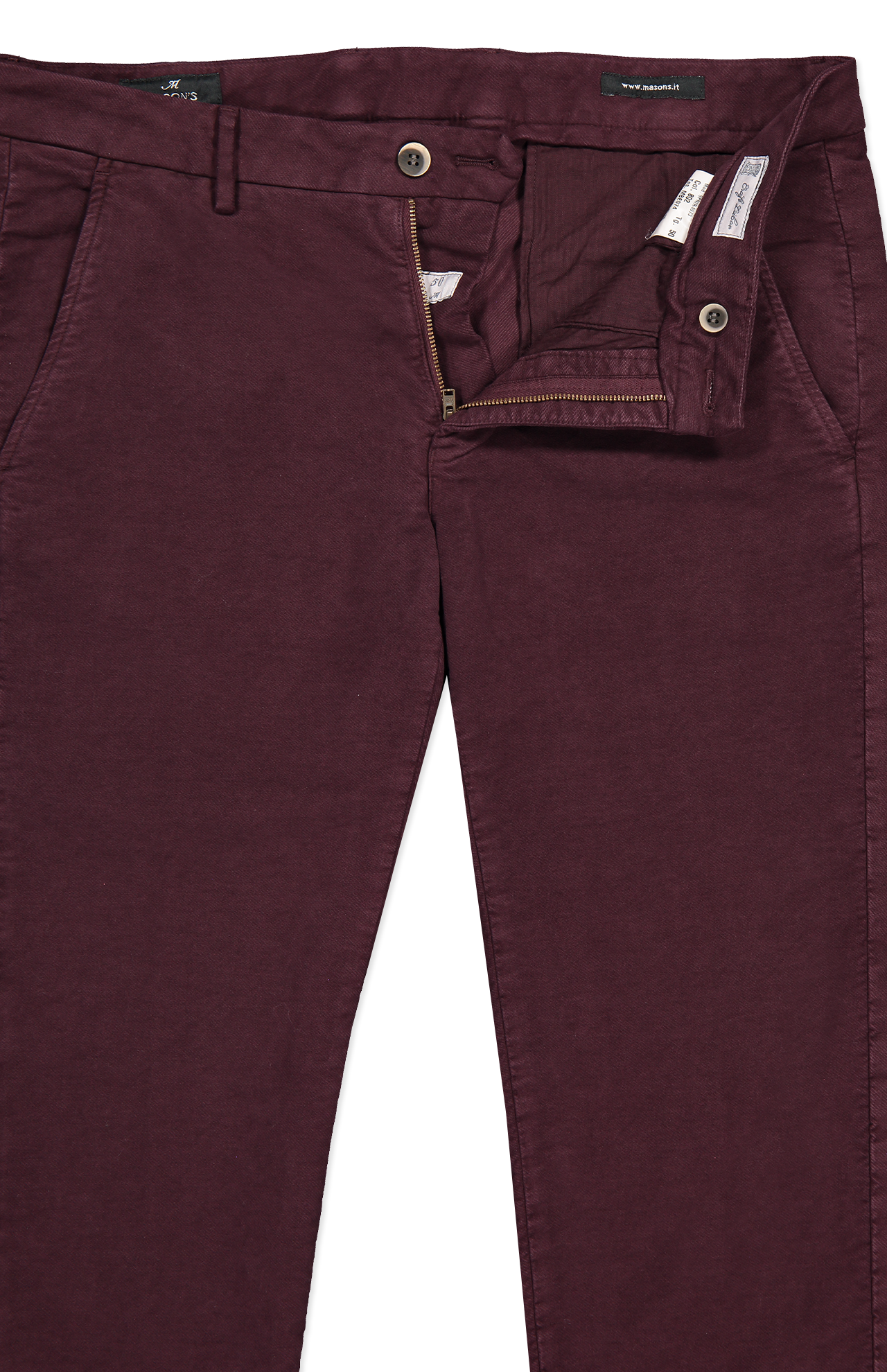 Mason's Torino Style Moleskin Chino Pant in Plum Zip Fly Detail Image (6955219976307)