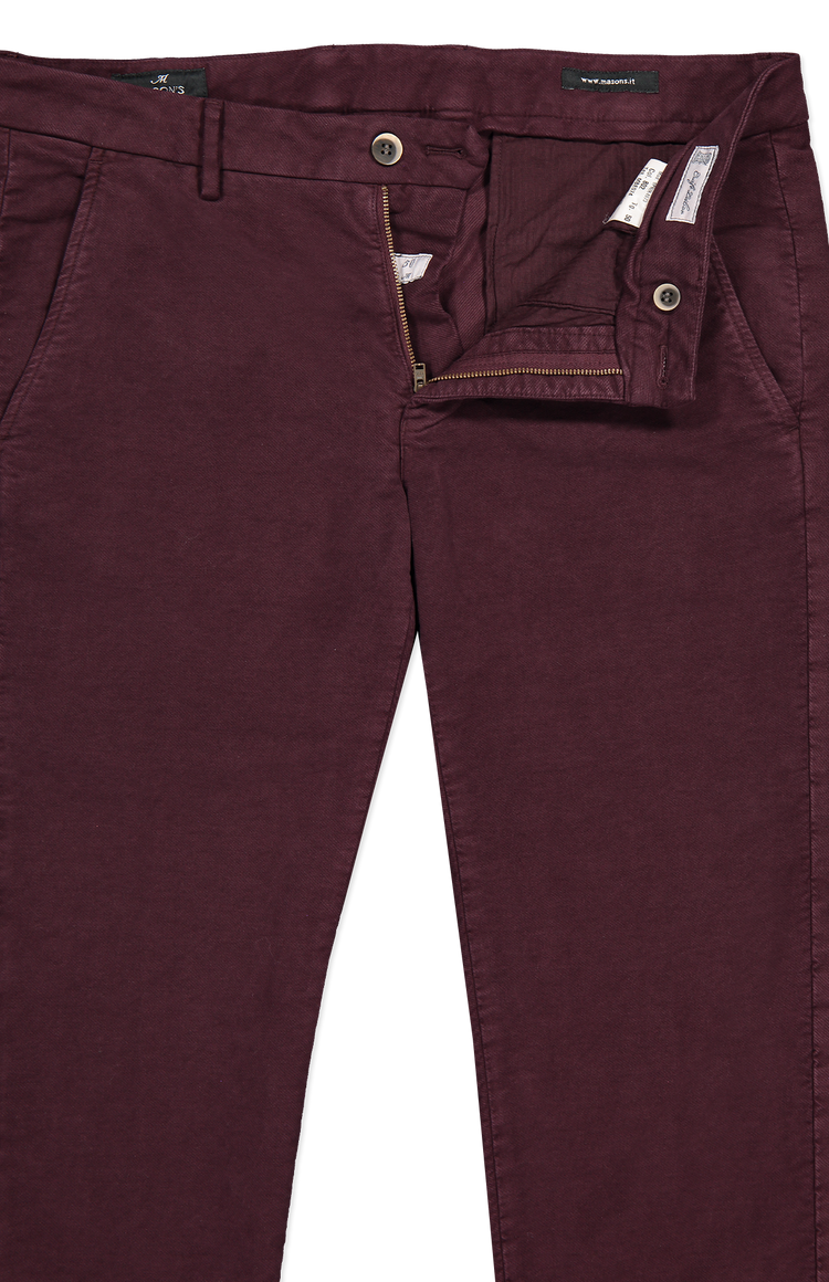 Mason's Torino Style Moleskin Chino Pant in Plum Zip Fly Detail Image (6955219976307)