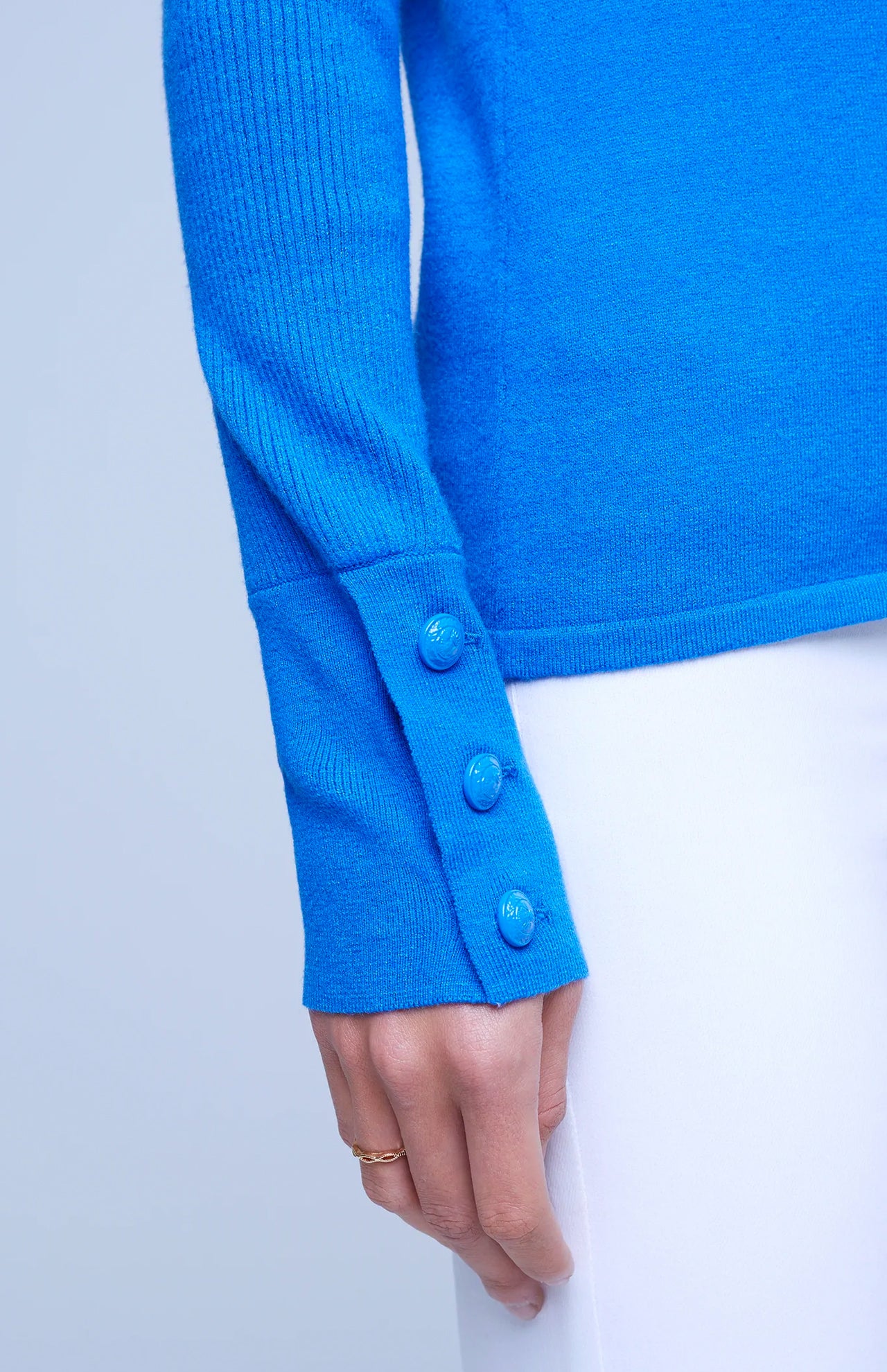 Lagence Odette Button Sleeve Sweater Deep Sky Sleeve Detail Model Image (7025423810675)