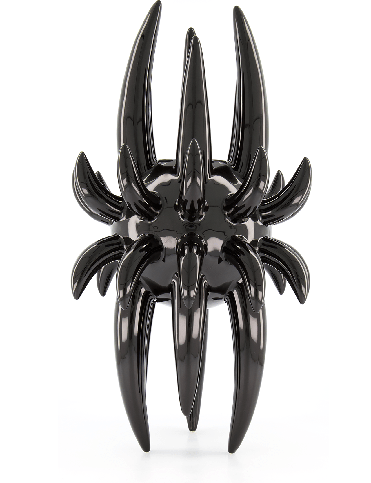 The Medium Black Horned Vessel by MT OBJECTS is a glossy black abstract sculpture with curved, pointed spikes radiating from a central sphere, inspired by contemporary ceramics and set against a white background.