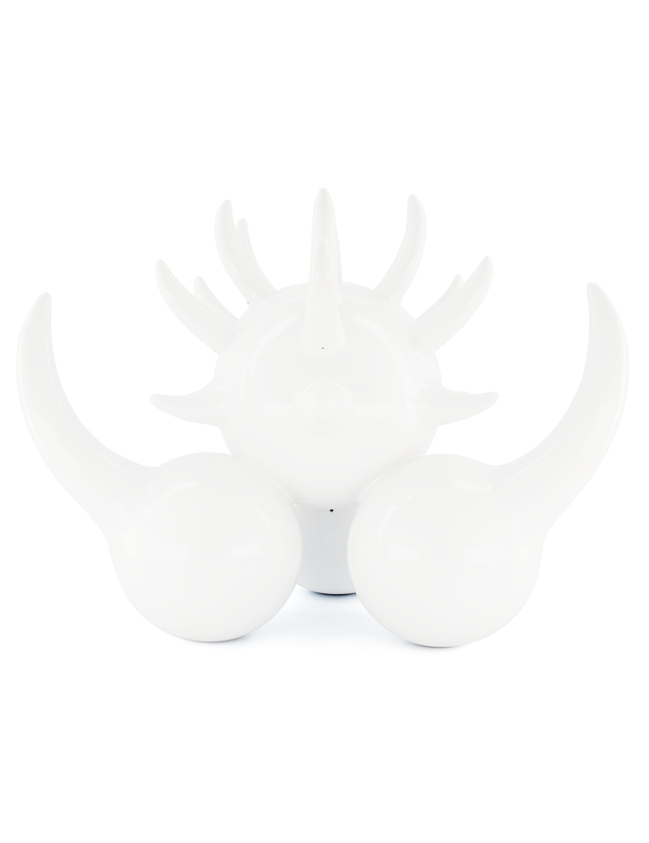 The Medium White Horned Vessel by MT OBJECTS is a glossy white abstract sculpture with curved, horn-like forms and spiky elements around a central orb, inspired by contemporary ceramics and shown against a plain white background.