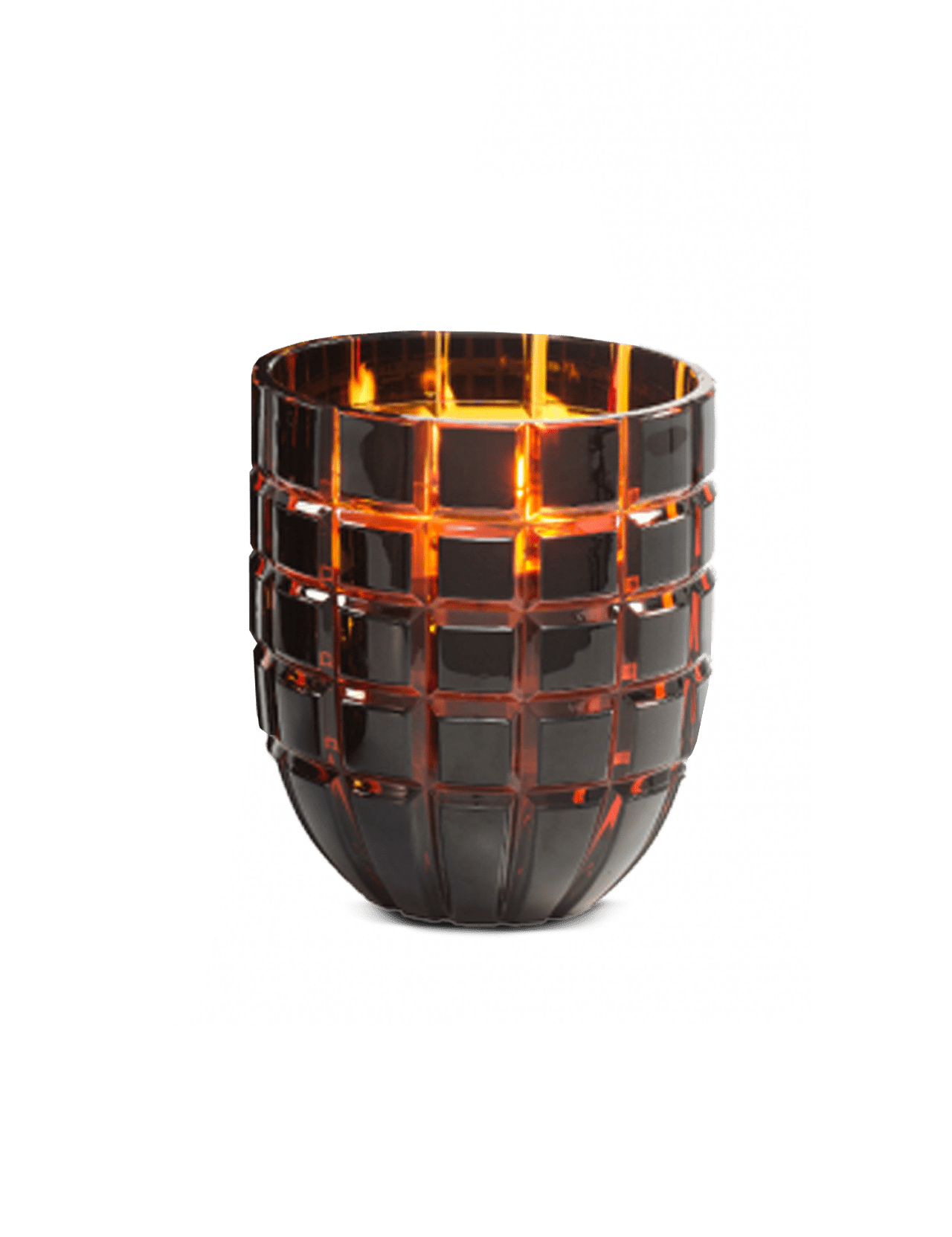 The ONNO Forever Crystal M Gold is a dark, checkered glass candle holder with a hand-poured candle, casting a warm glow—perfect for adding luxury candles to your decor.