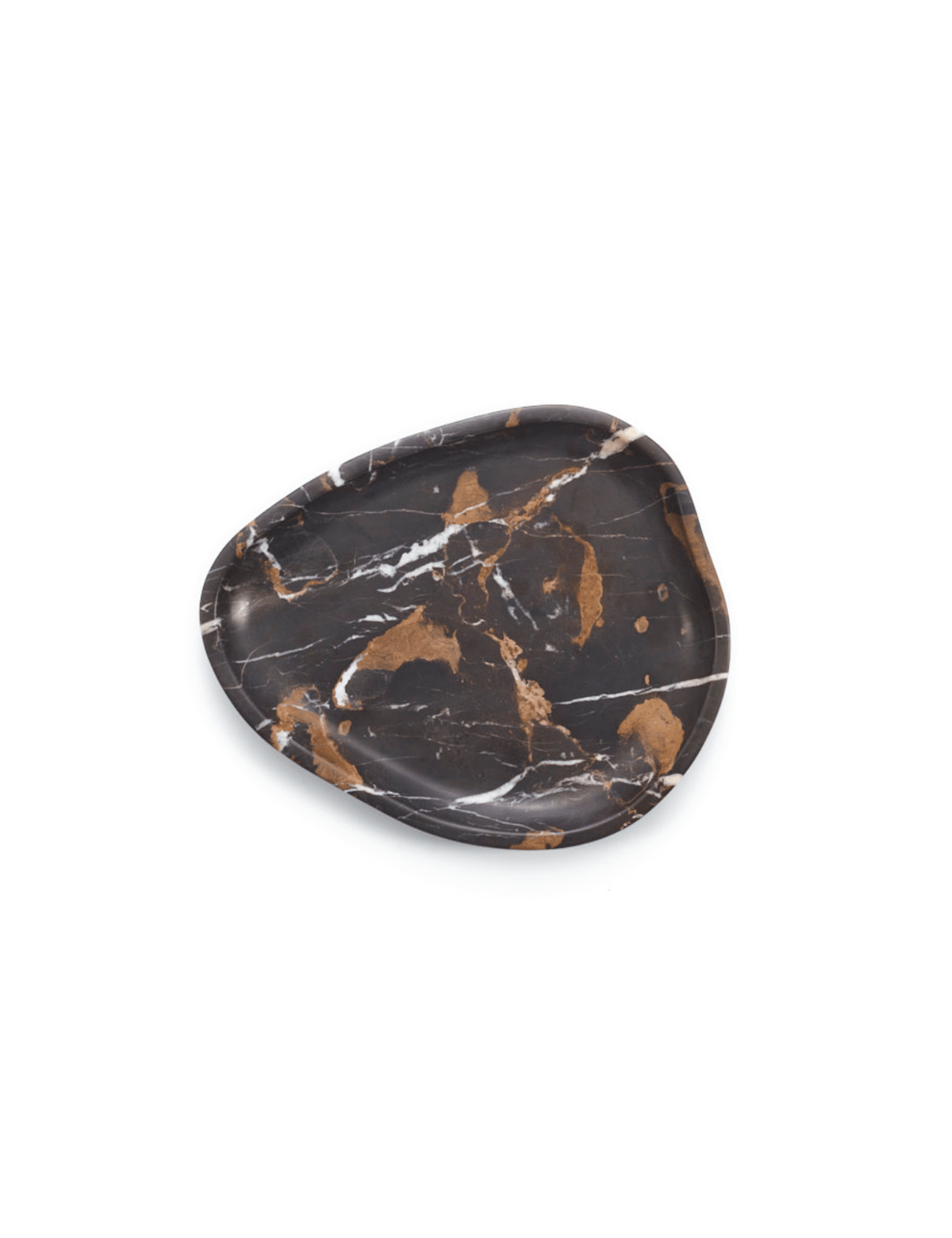 The ONNO Marble Tray Holder Apollo features a black, irregular handmade design with brown and white marbled patterns—a striking luxury accessory perfect for any space.