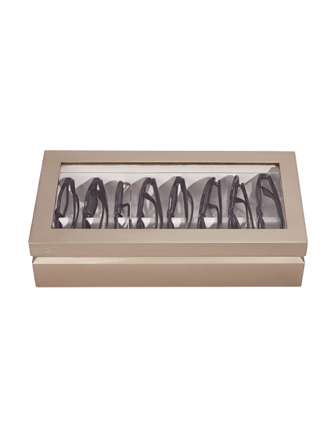 The OYOBOX Classic Lacquer Eyewear Organizer is a beige rectangular box with a transparent lid, holding six pairs of black eyeglasses arranged in a row.