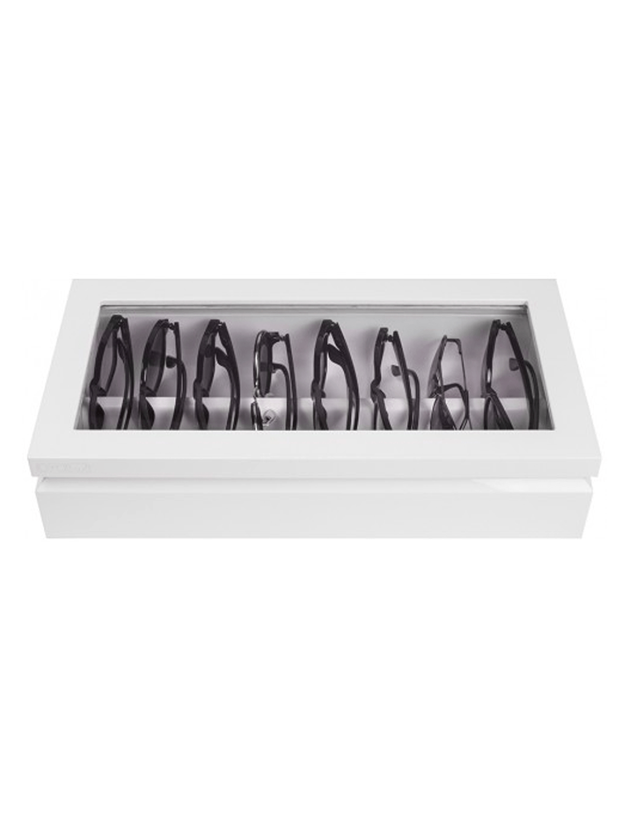 The OYOBOX Classic Lacquer Eyewear Organizer features a white rectangular design with a transparent lid, displaying two rows of eyeglasses neatly arranged inside—an elegant solution for organizing your glasses.