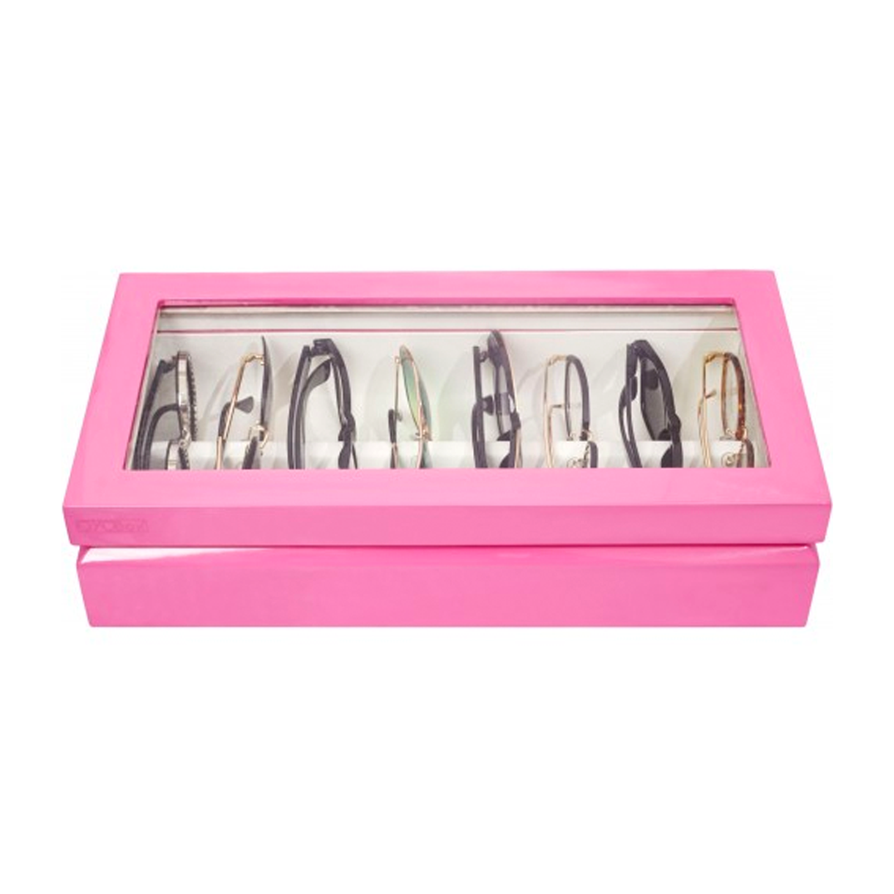 Oyobox Classic Lacquer Eyewear Organizer Pink Angled Image (6697401516147)