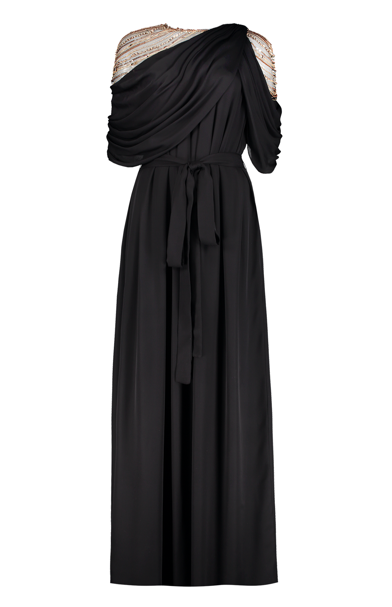 Pamella Roland Embroidered Chiffon Caftan Black Gold Front Mannequin Image (7058012995699)
