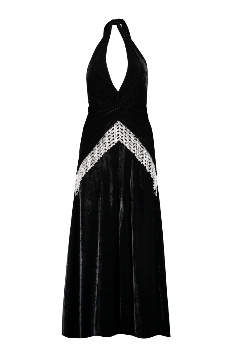 Plunge Velvet Maxi Dress with Beaded Fringe (6983215874163)