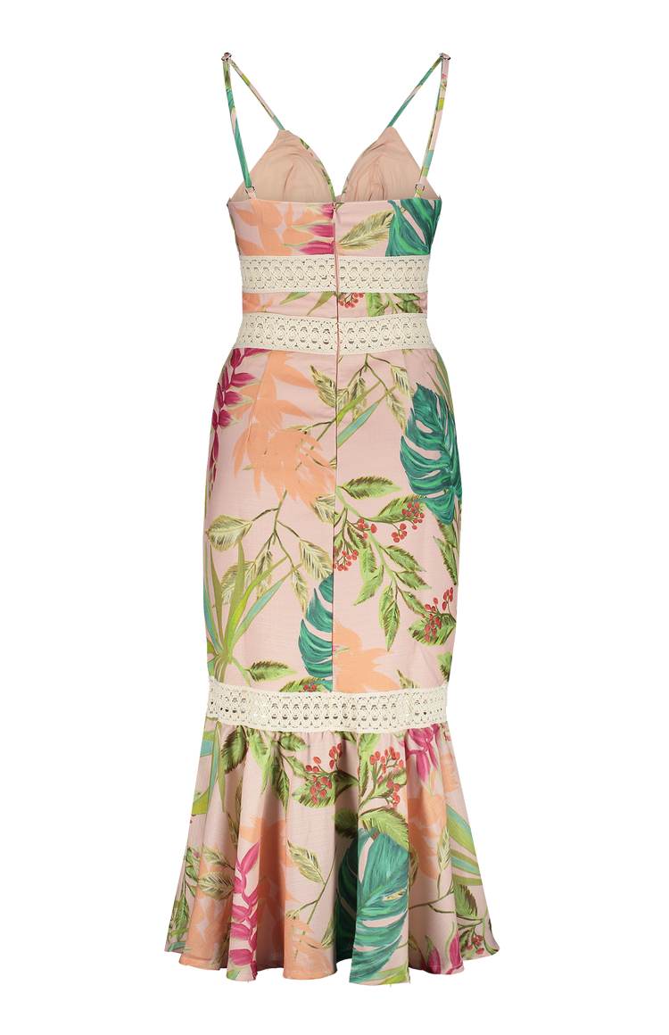 PatBo Tropicalia Fitted Midi Dress Harbour Pink Back Mannequin Image (7012405837939)