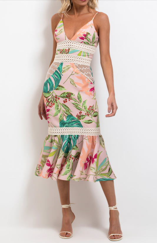PatBo Tropicalia Fitted Midi Dress Harbour Pink Front Full Body Model Image (7012405837939)